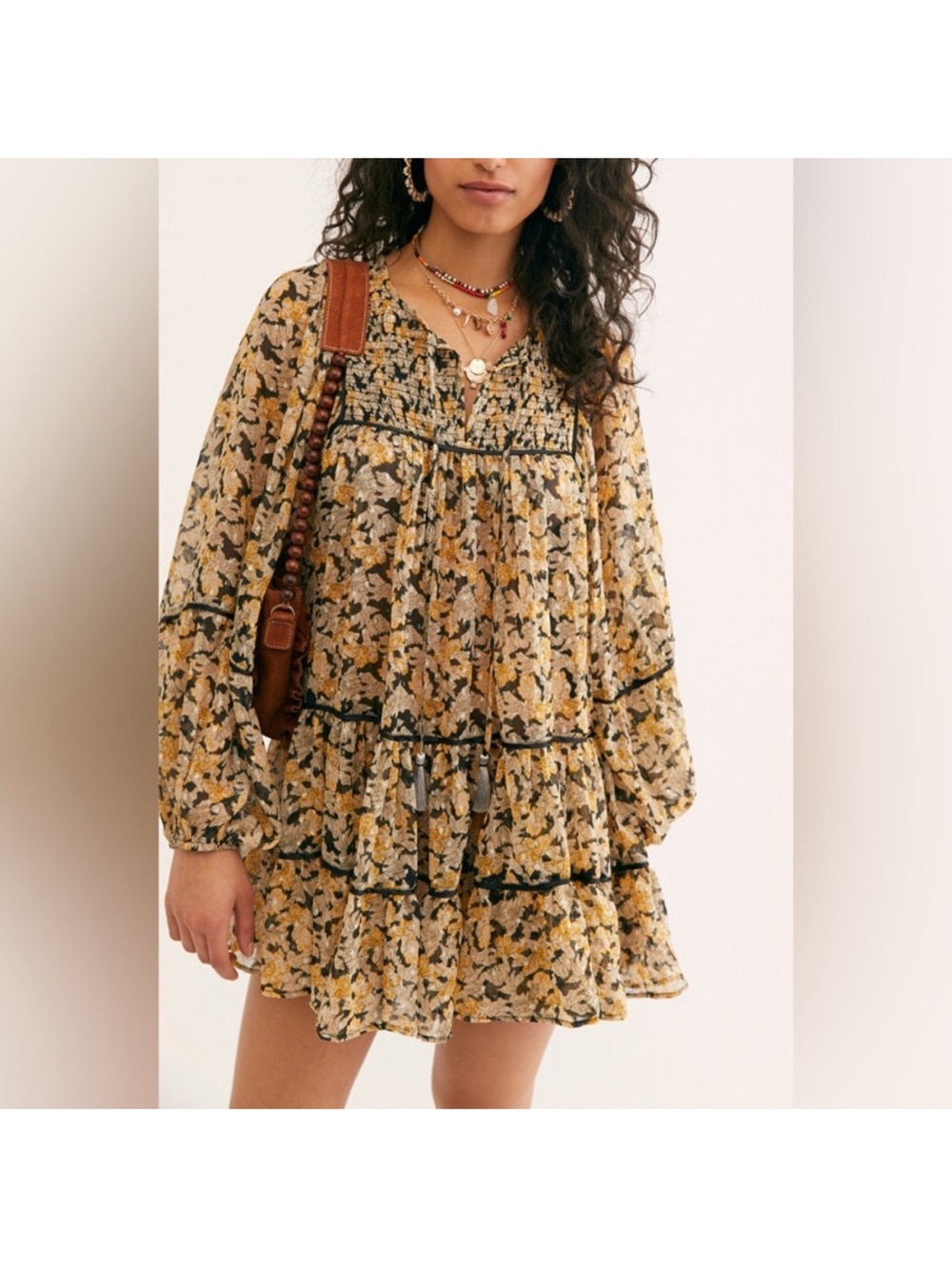 Free People Free Swinging Babydoll Mini Dress XS Black Gold Floral Boho